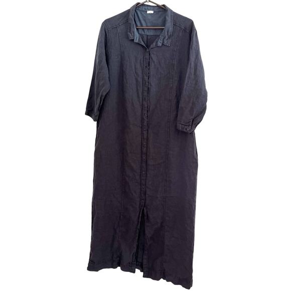Poetry Shirt Dress Womens Size 14 Black Washed Linen Midi Pockets Lagenlook - Picture 1 of 5